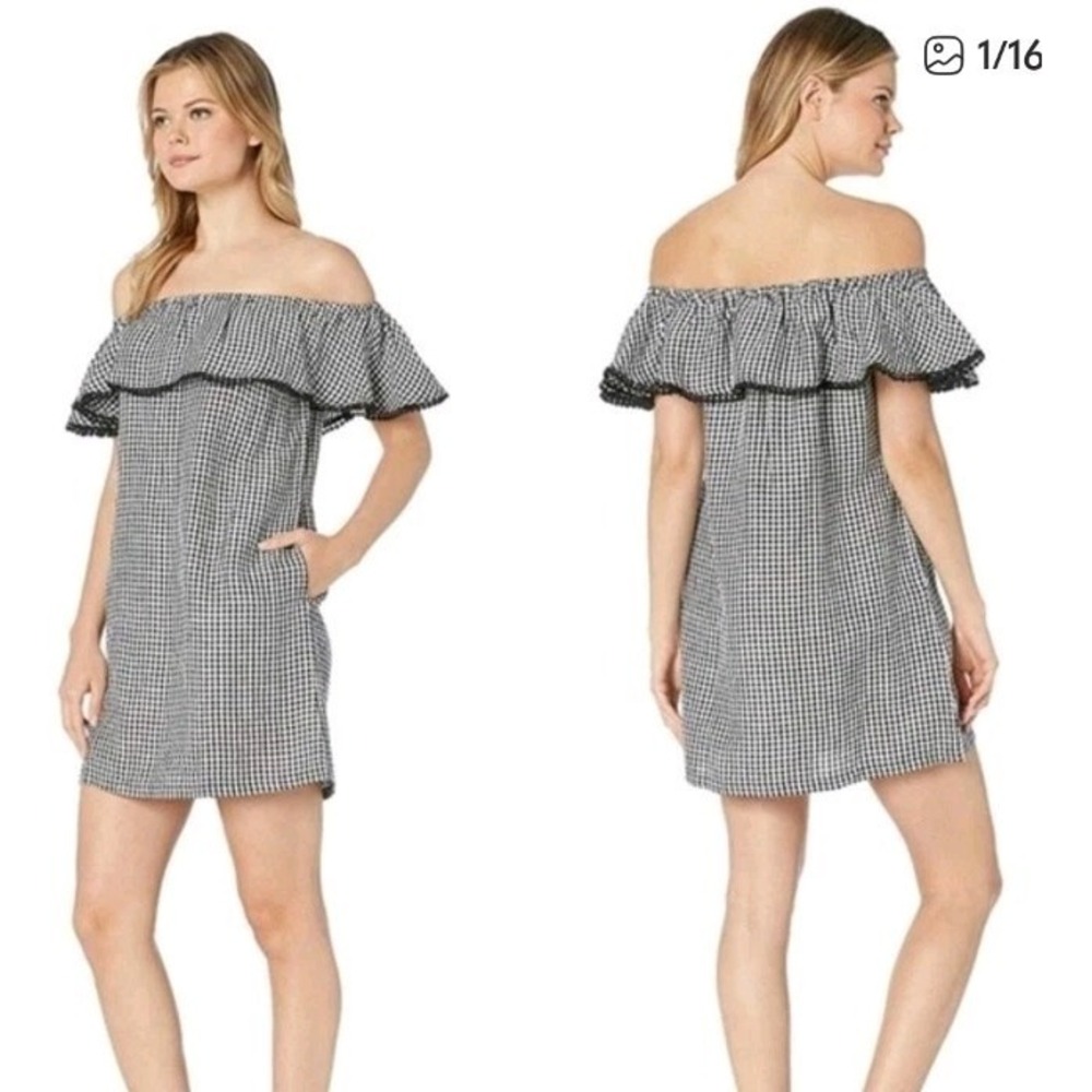 Tommy Bahama Off-Shoulder Gingham Dress Women's Medium Linen Blend Black White